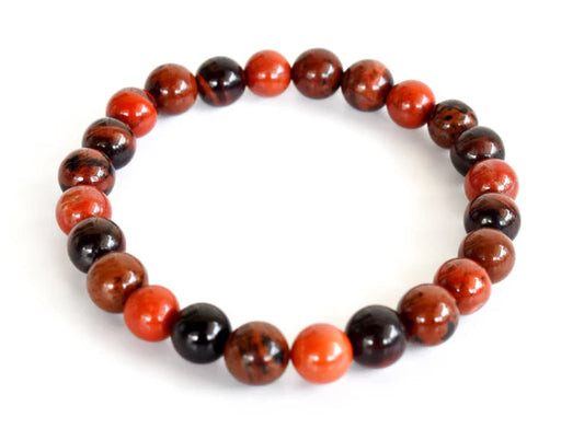Handmade Root Chakra Crystal Bracelet – Red Jasper, Red Tiger Eye & Mahogany Obsidian for Grounding & Stability