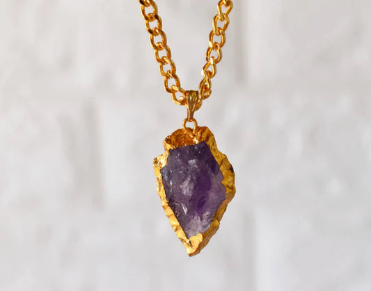 Amethyst Arrowhead Pendant Necklace Electroplated Gold | Handmade Jewelry for Aquarius & Pisces | Third Eye & Crown Chakra Healing
