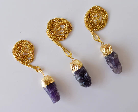 Amethyst Rough Stone Pendant Necklace Electroplated Gold | Handmade Jewelry for Aquarius & Pisces | Third Eye & Crown Chakra Healing