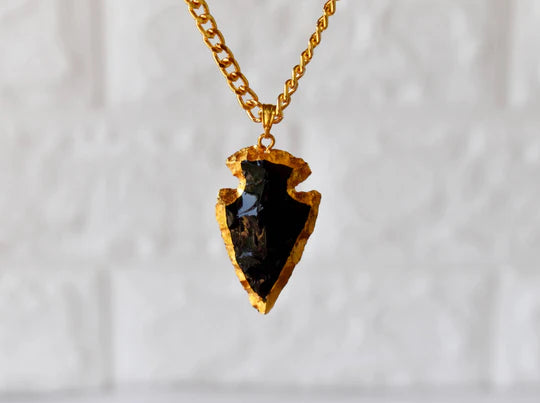 Black Obsidian Arrowhead Pendant Necklace Electroplated Gold | Handmade Jewelry for Scorpio & Pisces | Root Chakra Healing