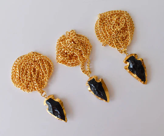 Black Obsidian Arrowhead Pendant Necklace Electroplated Gold | Handmade Jewelry for Scorpio & Pisces | Root Chakra Healing