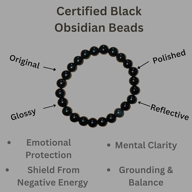 True Origins Certified Natural Black Obsidian Bracelet – 8mm Healing Crystal Beads | Energy & Protection Stone for Men & Women | Stretchable Handmade Spiritual Bracelet