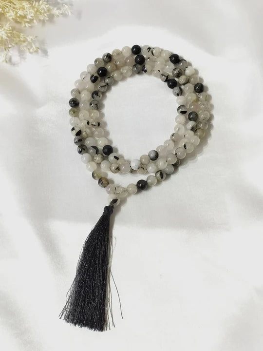 Black Rutilated Quartz | Gemstone Mala | 108 Prayer Bead Mala | Prayer Mala (6mm & 8mm)