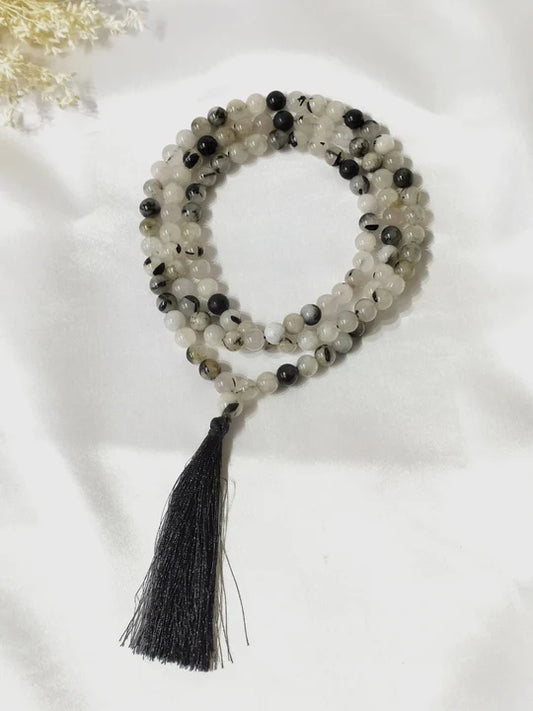 Black Rutilated Quartz | Gemstone Mala | 108 Prayer Bead Mala | Prayer Mala (6mm & 8mm)