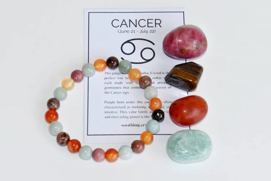 Cancer Zodiac Crystal Kit | Astrology Gift Set with 4 Healing Crystals & Bracelet | Amazonite, Carnelian, Rhodonite & Tiger Eye | Cancer Birthday Gift for Emotional Balance & Healing