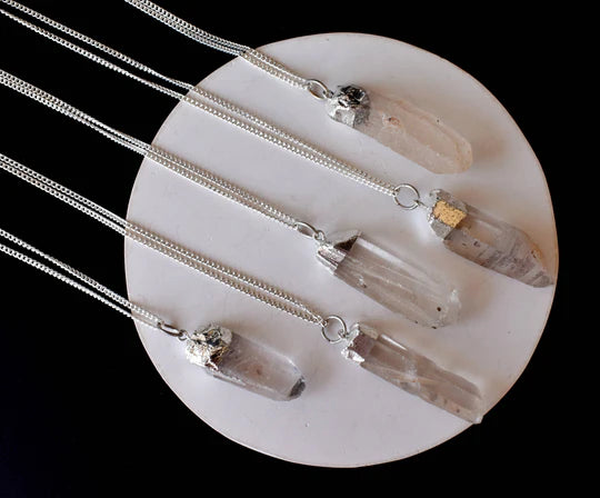 Crystal Quartz Rough Stone Pendant Necklace Electroplated Silver | Handmade Jewelry for All Zodiac Signs | 7 Chakra Healing