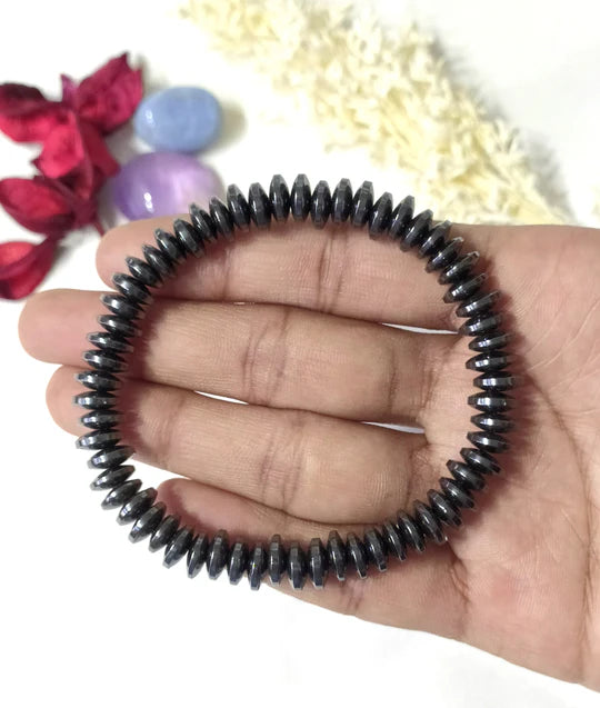 Natural Gemstone Hematite Rondelle Beaded Bracelet | 8mm Disc-Shaped Crystal Healing Bracelet for Energy, Harmony & Stress Relief