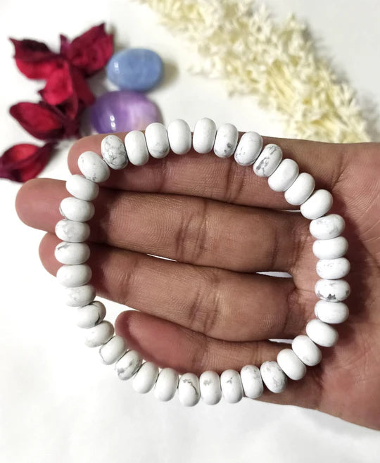 Howlite Rondelle Beads Bracelet | 8mm Disc-Shaped Healing Crystal Bracelet for Calmness, Stress Relief & Emotional Balance