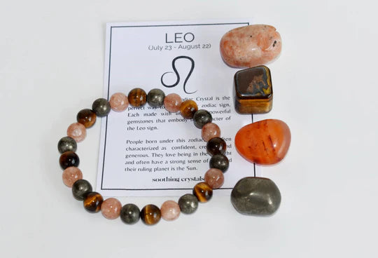 Leo Zodiac Crystal Kit | Astrology Gift Set with Sunstone, Tiger Eye, Pyrite & Carnelian | Leo Birthstone Healing Crystals