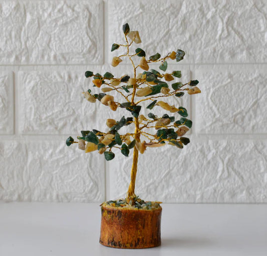 Mix Aventurine Crystal Tree of Life – 6 Inch Willow Bonsai, Handmade Healing Gemstone Tree for Positivity, Wealth & Home Décor (Green & Yellow Aventurine)