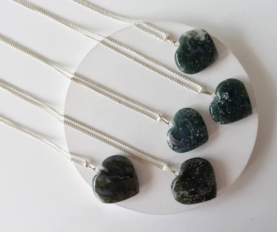 Genuine Moss Agate Heart Pendant Necklace | Handmade Crystal Jewelry for Taurus & Virgo | Heart & Throat Chakra Healing