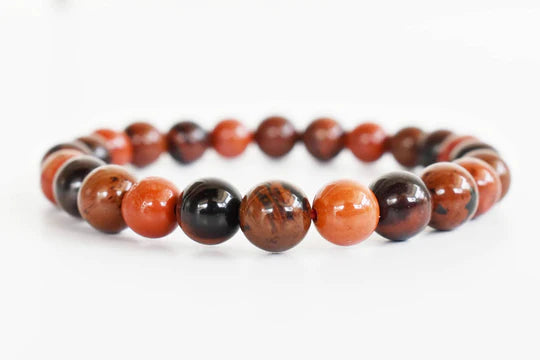 Handmade Root Chakra Crystal Bracelet – Red Jasper, Red Tiger Eye & Mahogany Obsidian for Grounding & Stability