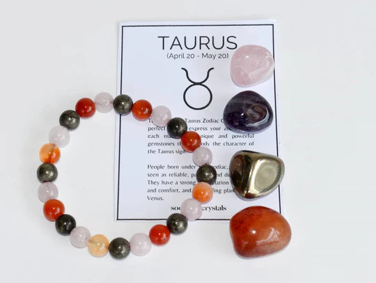 Taurus Zodiac Crystal Kit | Astrology Gift Set with 4 Healing Crystals & Bracelet | Carnelian, Rose Quartz, Pyrite & Amethyst | Taurus Birthday Gift for Love, Prosperity & Balance