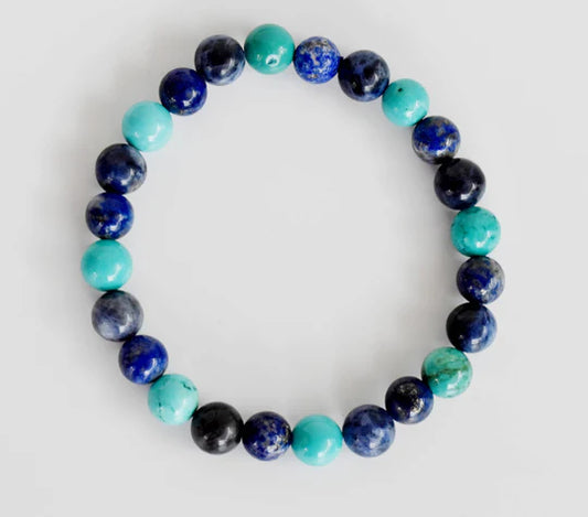 Handmade Throat Chakra Crystal Bracelet – Sodalite, Turquoise Howlite & Lapis Lazuli for Communication & Expression