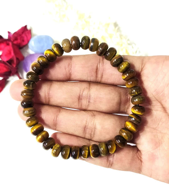Natural Gemstone Tiger Eye Rondelle Beaded Bracelet | 8mm Disc-Shaped Crystal Healing Bracelet for Energy, Harmony & Stress Relief