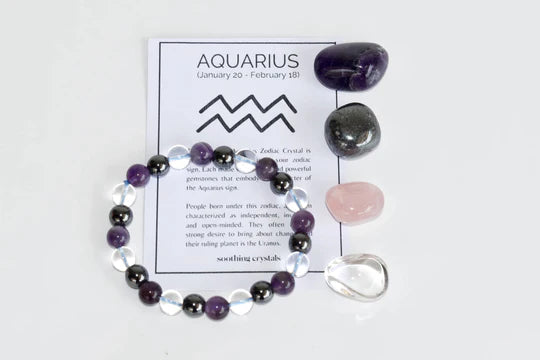 Aquarius Zodiac Crystal Kit with Bracelet | Astrology Gift Set for Aquarius (Jan 20–Feb 18) | Healing Gemstones – Amethyst, Clear Quartz, Hematite, Rose Quartz