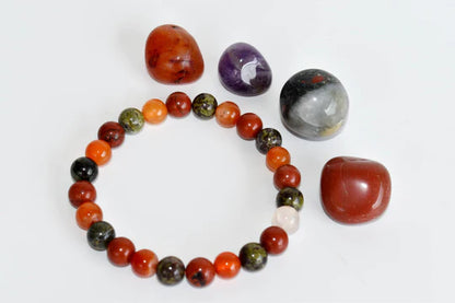 Aries Zodiac Crystal Kit | Astrology Gift Set with Carnelian, Bloodstone, Red Jasper & Amethyst | Aries Birthstone Healing Crystals