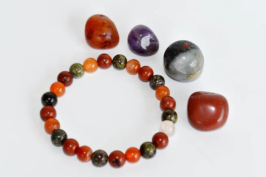 Aries Zodiac Crystal Kit | Astrology Gift Set with Carnelian, Bloodstone, Red Jasper & Amethyst | Aries Birthstone Healing Crystals