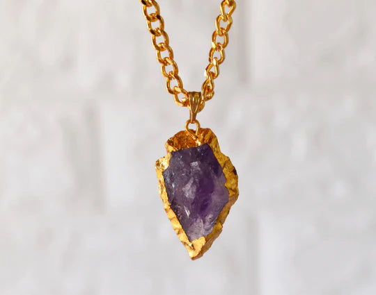 Amethyst Arrowhead Pendant Necklace Electroplated Gold | Handmade Jewelry for Aquarius & Pisces | Third Eye & Crown Chakra Healing