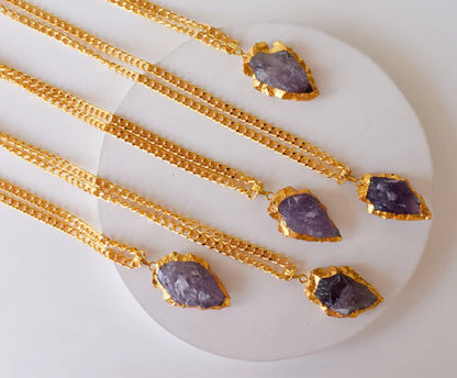 Amethyst Arrowhead Pendant Necklace Electroplated Gold | Handmade Jewelry for Aquarius & Pisces | Third Eye & Crown Chakra Healing