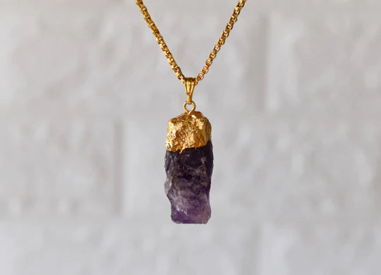 Amethyst Rough Stone Pendant Necklace Electroplated Gold | Handmade Jewelry for Aquarius & Pisces | Third Eye & Crown Chakra Healing