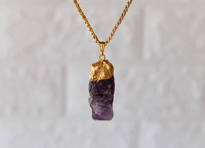 Amethyst Rough Stone Pendant Necklace Electroplated Gold | Handmade Jewelry for Aquarius & Pisces | Third Eye & Crown Chakra Healing