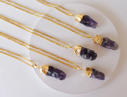 Amethyst Rough Stone Pendant Necklace Electroplated Gold | Handmade Jewelry for Aquarius & Pisces | Third Eye & Crown Chakra Healing