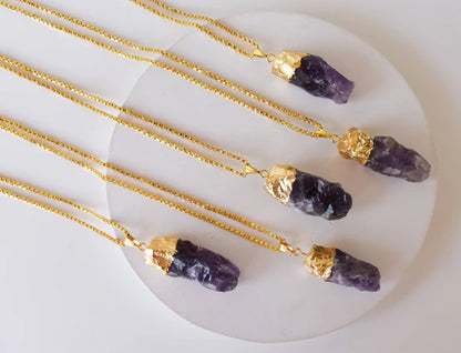 Amethyst Rough Stone Pendant Necklace Electroplated Gold | Handmade Jewelry for Aquarius & Pisces | Third Eye & Crown Chakra Healing