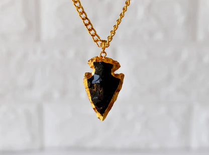 Black Obsidian Arrowhead Pendant Necklace Electroplated Gold | Handmade Jewelry for Scorpio & Pisces | Root Chakra Healing