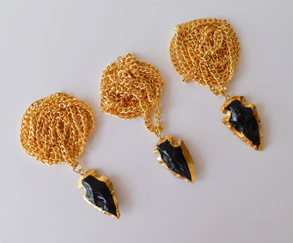 Black Obsidian Arrowhead Pendant Necklace Electroplated Gold | Handmade Jewelry for Scorpio & Pisces | Root Chakra Healing