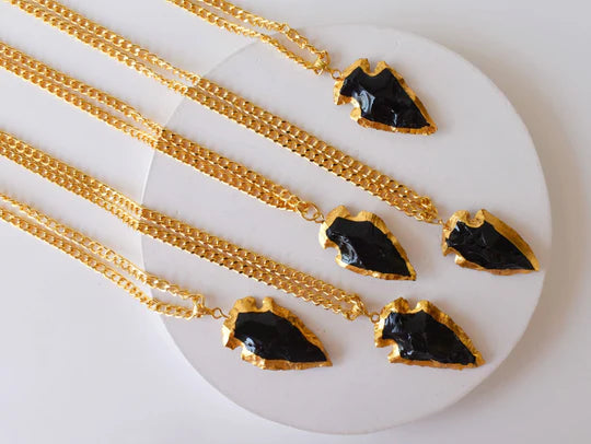 Black Obsidian Arrowhead Pendant Necklace Electroplated Gold | Handmade Jewelry for Scorpio & Pisces | Root Chakra Healing