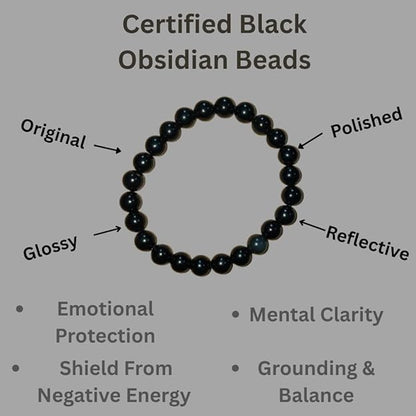 True Origins Certified Natural Black Obsidian Bracelet – 8mm Healing Crystal Beads | Energy & Protection Stone for Men & Women | Stretchable Handmade Spiritual Bracelet