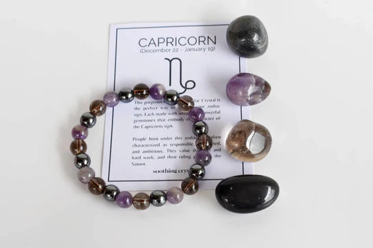 Capricorn Zodiac Crystal Kit with Bracelet | Astrology Gift Set for Capricorn (Dec 22–Jan 19) | Healing Crystals & Stones – Hematite, Smokey Quartz, Amethyst, Black Obsidian