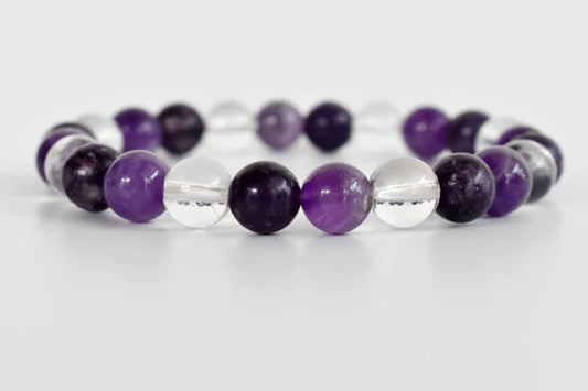 Handmade Crown Chakra Crystal Bracelet – Amethyst, Clear Quartz & Lepidolite for Spiritual Awareness