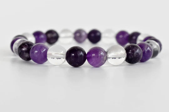 Handmade Crown Chakra Crystal Bracelet – Amethyst, Clear Quartz & Lepidolite for Spiritual Awareness