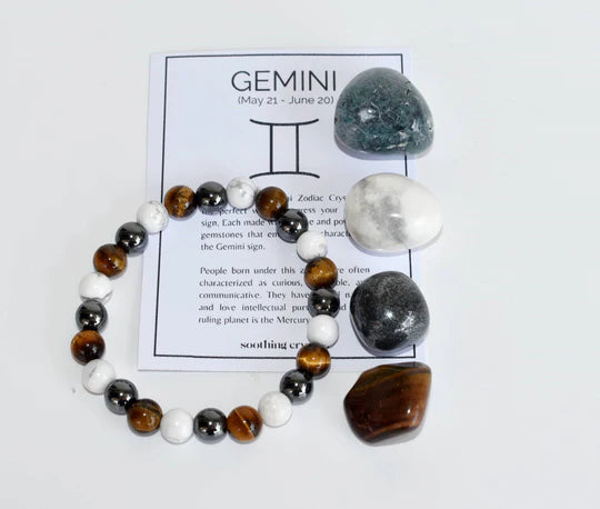 Gemini Zodiac Crystal Kit | Astrology Gift Set with Healing Crystals & Bracelet | Tiger Eye, Hematite, Howlite & Moss Agate Stones