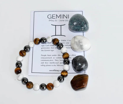 Gemini Zodiac Crystal Kit | Astrology Gift Set with Healing Crystals & Bracelet | Tiger Eye, Hematite, Howlite & Moss Agate Stones