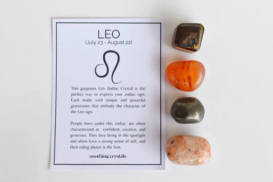 Leo Zodiac Crystal Kit | Astrology Gift Set with Sunstone, Tiger Eye, Pyrite & Carnelian | Leo Birthstone Healing Crystals