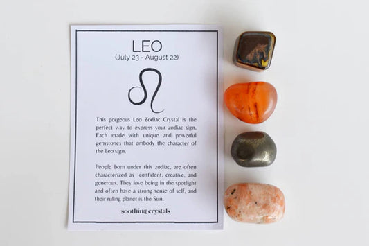 Leo Zodiac Crystal Kit | Astrology Gift Set with Sunstone, Tiger Eye, Pyrite & Carnelian | Leo Birthstone Healing Crystals