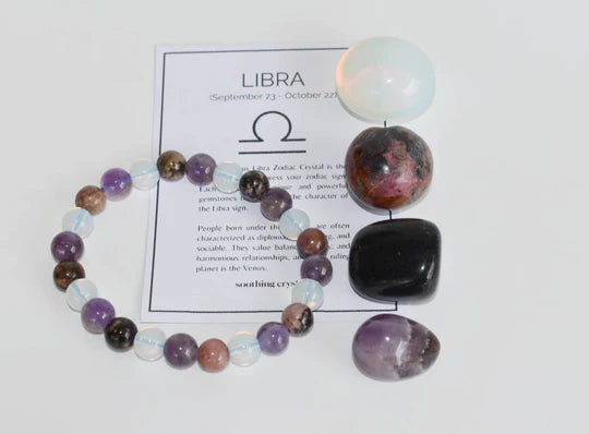 Libra Zodiac Crystal Kit | Astrology Gift Set with Tumbled Stones & Bracelet | Healing Gemstone Set for Balance & Harmony
