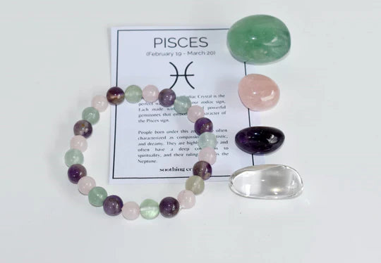Pisces Zodiac Crystal Kit with Bracelet | Astrology Gift Set for Pisces (Feb 19–Mar 20) | Healing Gemstones – Amethyst, Rose Quartz, Green Fluorite, Clear Quartz