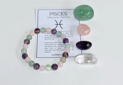Pisces Zodiac Crystal Kit with Bracelet | Astrology Gift Set for Pisces (Feb 19–Mar 20) | Healing Gemstones – Amethyst, Rose Quartz, Green Fluorite, Clear Quartz
