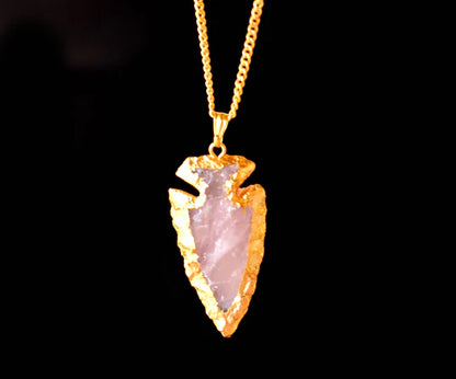 Rose Quartz Arrowhead Pendant Necklace Electroplated Gold | Handmade Jewelry for Taurus & Libra | Heart Chakra Healing