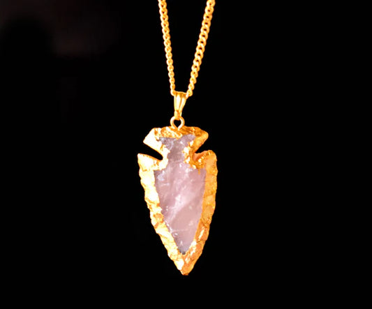 Rose Quartz Arrowhead Pendant Necklace Electroplated Gold | Handmade Jewelry for Taurus & Libra | Heart Chakra Healing