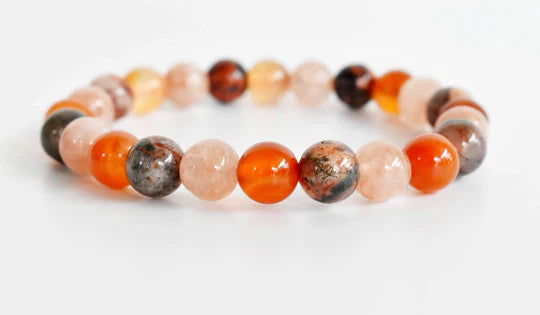 Handmade Sacral Chakra Crystal Bracelet – Carnelian, Sunstone & Fire Agate for Creativity & Passion