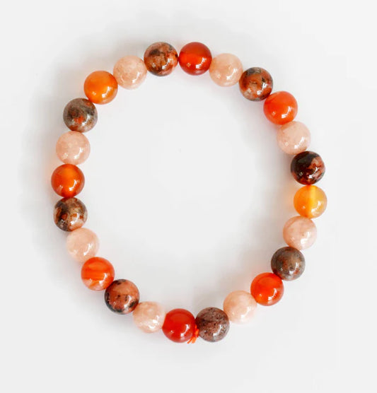Handmade Sacral Chakra Crystal Bracelet – Carnelian, Sunstone & Fire Agate for Creativity & Passion
