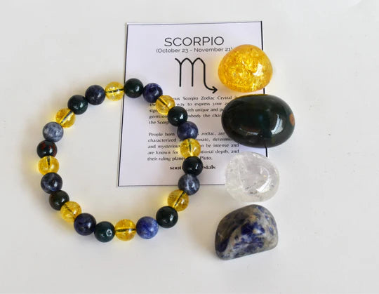 Scorpio Zodiac Crystal Kit with Bracelet | Astrology Gift Set for Scorpio (Oct 24–Nov 21) | Healing Crystals & Stones – Bloodstone, Sodalite, Citrine, Clear Quartz