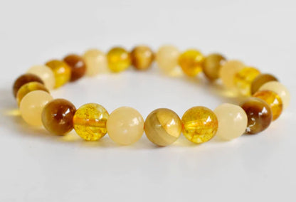 Handmade Solar Plexus Chakra Crystal Bracelet – Citrine, Tiger’s Eye & Honey Calcite for Confidence & Personal Power