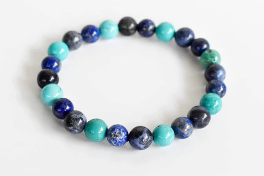 Handmade Throat Chakra Crystal Bracelet – Sodalite, Turquoise Howlite & Lapis Lazuli for Communication & Expression