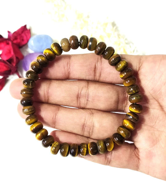 Natural Gemstone Tiger Eye Rondelle Beaded Bracelet | 8mm Disc-Shaped Crystal Healing Bracelet for Energy, Harmony & Stress Relief